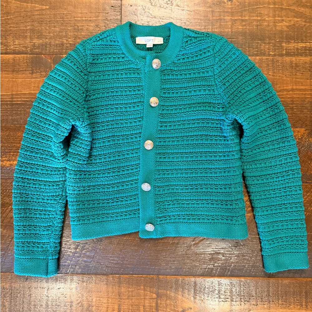 LOFT Emerald Green Textured Button-Up Cardigan Sweater Jacket